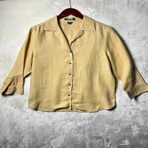 LRL Ralph Lauren Linen Button Blouse Top Women's L Tan Beige Monogram Shirt